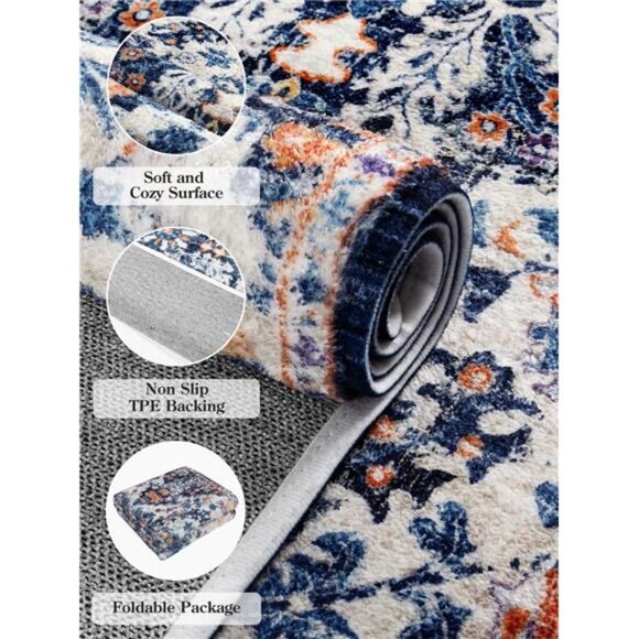 Bohemian Floral Medallion Area Rug - 2x3 Blue Small Kitchen Rug - Picture 6 of 7